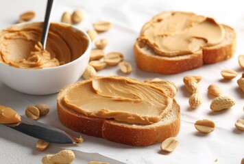 Creamy peanut butter spread on fresh slices of bread with scattered peanuts, perfect for breakfast or snack time, showcasing simple homemade cuisine
