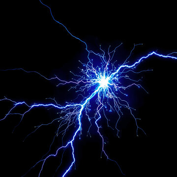 Bright blue sparks illuminate the dark background as a powerful electrical current surges through a network of wires, representing energy and technology in action.