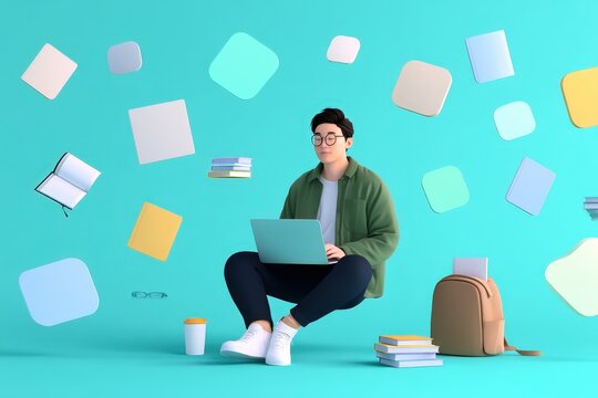 Online learning concept featuring 3D student with floating screens and books in motion with copy space. Soft light.Virtual classroom background.