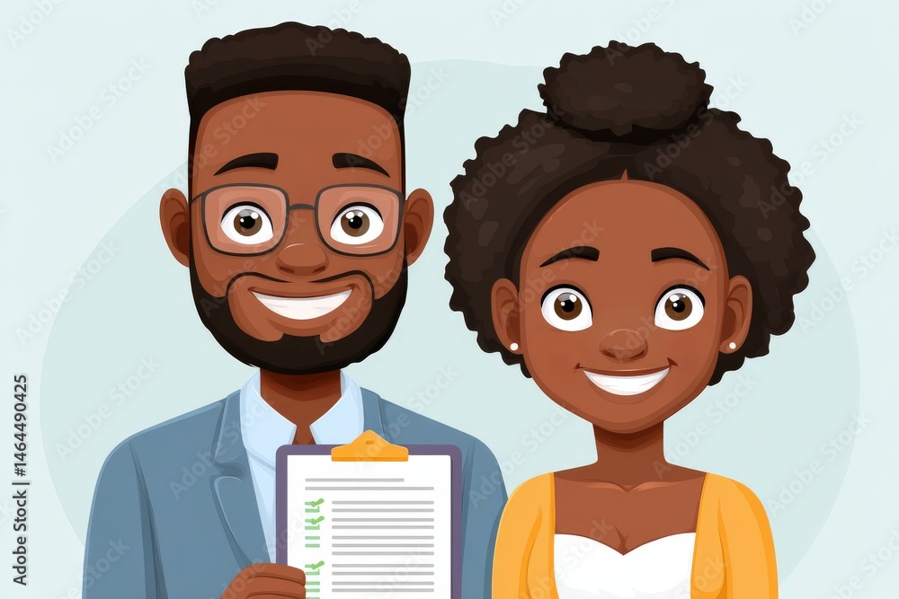 Poster happy couple smiling at the camera holding a clipboard filled with checkmarks in a bright and colorf