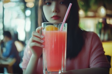 water melon juice in a glass with a straw