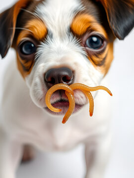 Helminthiasis Toxocara canis (also known as dog roundworm) or parasitic worms from little dog on white background, Pet health care concept