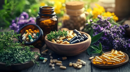 Naturopathy herbs, pills, tablets, vitamins