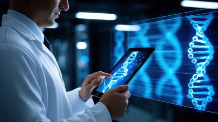 Wearing a white lab coat, the scientist is holding a tablet and working with a double-helix DNA hologram on a virtual screen background in the laboratory.
