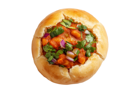 Indian Vada pav bread stuffed with spicy vegetable curry, garnished with onions and herbs, isolated on white transparent background, concept of street food