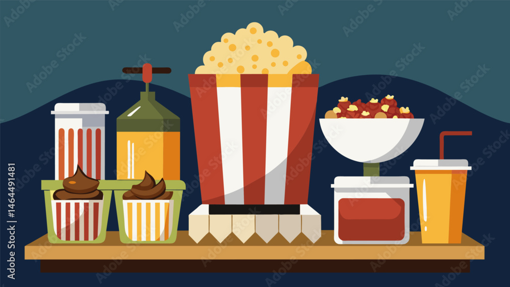 Poster a gourmet popcorn bar featuring an endless array of toppings like white chocolate drizzle honey must