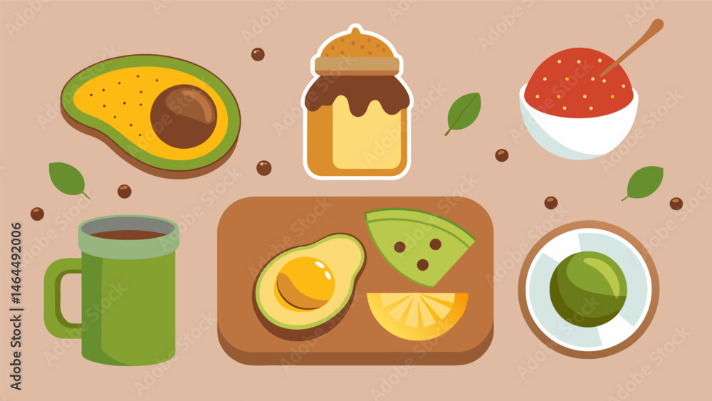 Poster a makeyourown toast bar with various spreads like avocado almond butter and honey.. vector illustrat