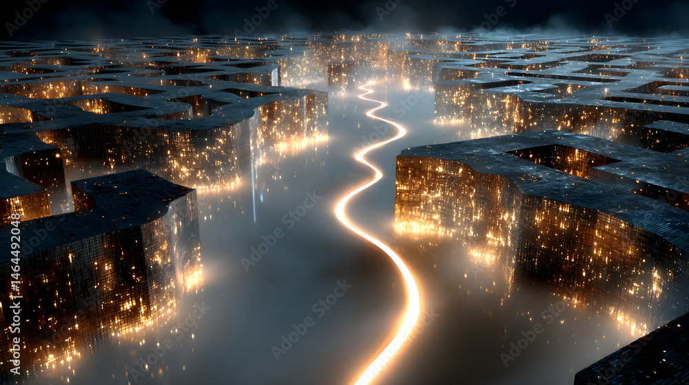 Poster glowing maze a futuristic cityscape with illuminated path