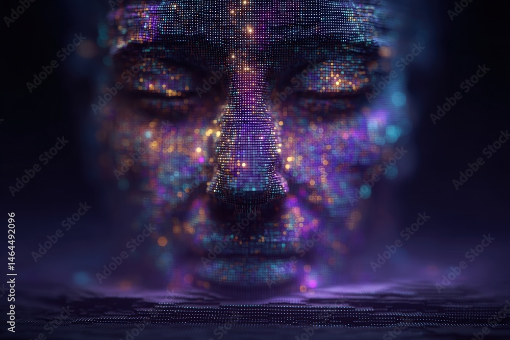 Poster digital artistry depicting a serene face with vibrant pixelated patterns and luminous colors emergin