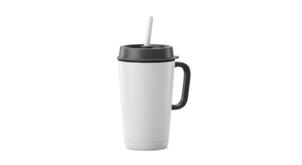 Isolated white tumbler with gray lid and handle and a straw against a black background studio shot