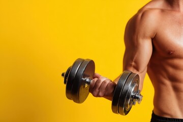 Working out concept. Cropped photo of a strong man holding dumbbell in hand isolated on yellow background