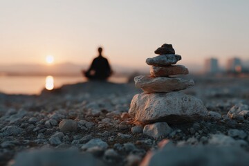 Zen stone stack symbol in foreground with blurred meditating figure, representing grounded balance, with warm tone, with a close-up perspective composition