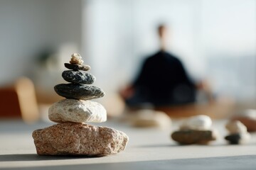 Zen stone stack symbol in foreground with blurred meditating figure, representing grounded balance, with warm tone, with a close-up perspective composition