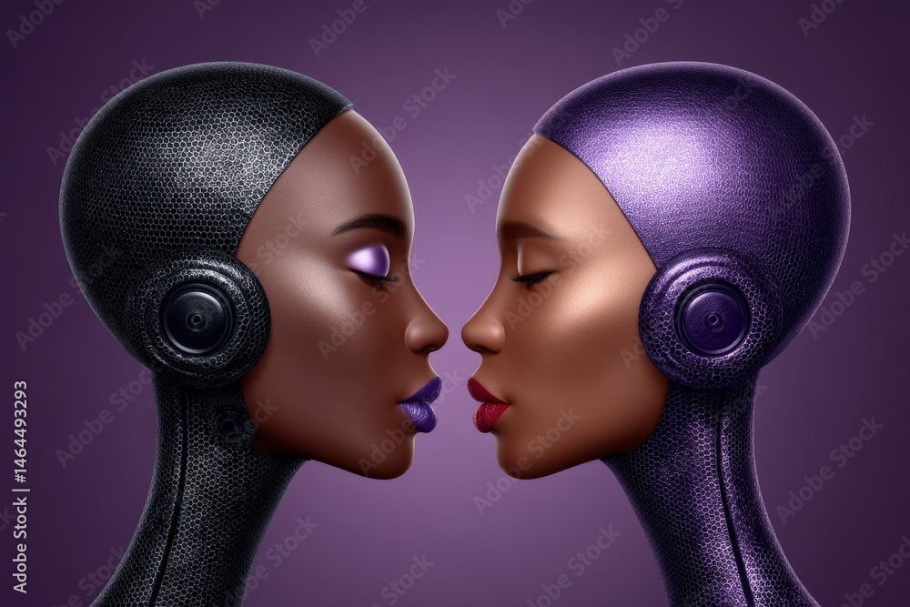 Aufkleber two futuristic humanoid figures facing each other with sleek metallic textures and contrasting color