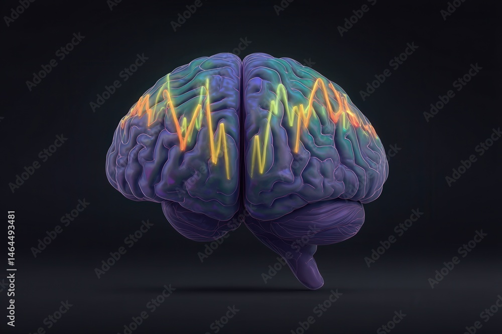 Poster exquisite illustration of a human brain with vibrant colors and dynamic wave patterns symbolizing co