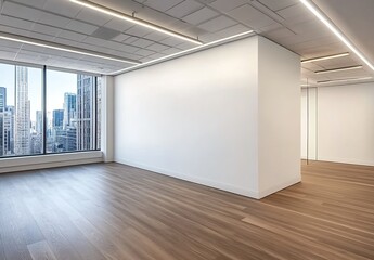 Fototapeta premium Empty modern office with city-view windows, white walls, dark wood floor, recessed lights.