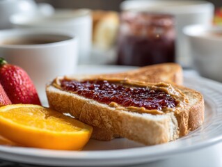 Delicious breakfast plate featuring peanut butter toast, jelly, fresh strawberries, orange slices, and a cup of coffee inviting morning delight and comfort