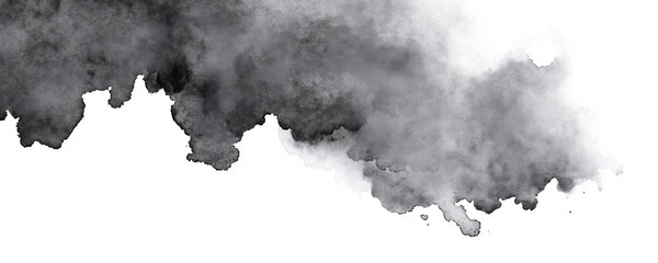 Obraz premium Dramatic black and grey ink blot or abstract smoke cloud design element isolated on a white backdrop. Features organic diffusion and textured edges, suitable for grunge effects or moody compositions.