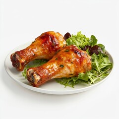 Two glazed honey mustard roasted chicken drumsticks served on a bed of fresh salad greens on a white round plate