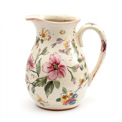 Shabby chic floral ceramic jug isolated on white background.  