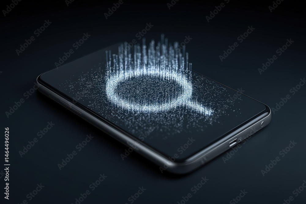 Poster modern smartphone displaying a digital search icon created from luminous particles symbolizing innov
