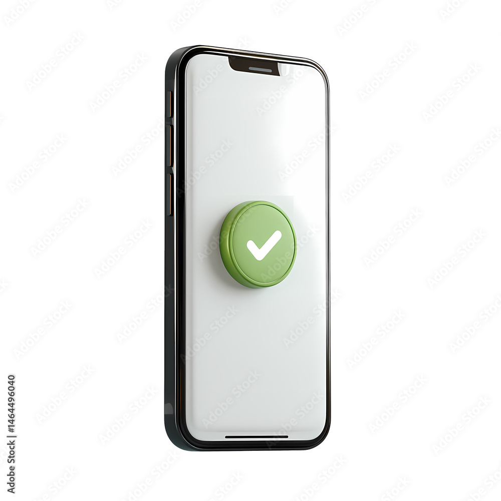 Poster modern smartphone with green checkmark button on transparent background