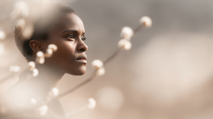 serene portrait of woman surrounded by blooming spring flowers bathed in warm sunlight
