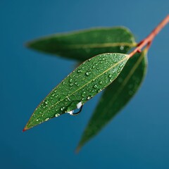Obraz premium Close-up of dew gliding on eucalyptus leaf, peaceful forest background