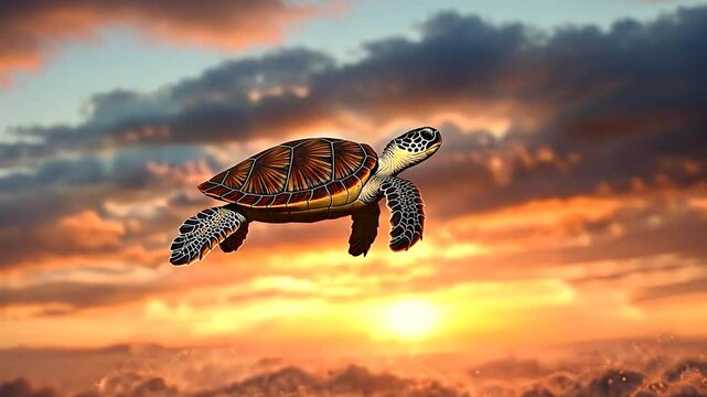 A sea turtle gracefully glides through a vibrant orange and golden sunset sky above a sea of clouds. The warm light illuminates the turtle's shell and creates a magical atmosphere