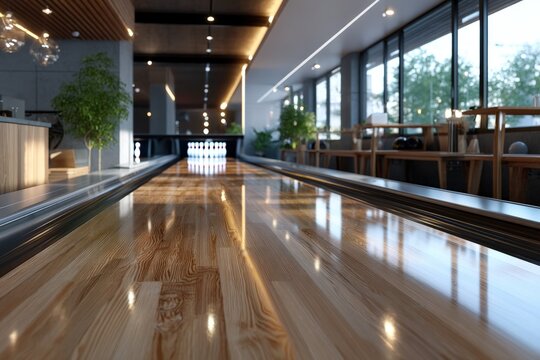 Bowling ball rolling down polished wooden lane toward pins with motion blur with copy space. Studio light.Sports background. 
