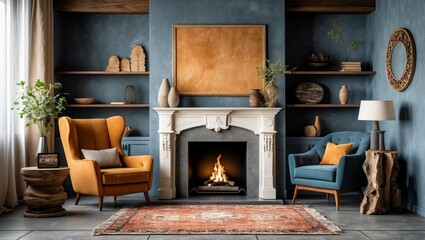 Fototapeta premium A cozy living room features a warm fireplace, creating an inviting atmosphere