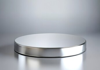 Silver circular object on gray background with smooth top and textured bottom.