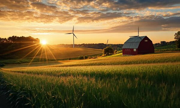Sunrise over Rural Landscape with Wind Turbines and Barn