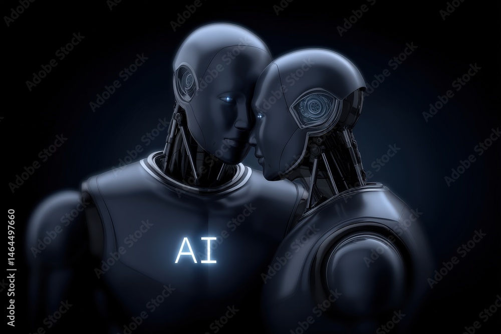 Poster ai robots showcasing emotional connection in an intimate futuristic setting defined by sleek metalli