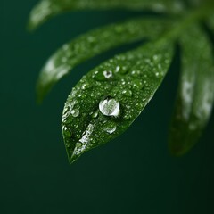 Beads of water on thick jungle leaf, lush green environment