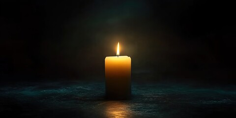 Fototapeta premium Warm-yellow cylindrical candle burning alone in dark with twigs at base.