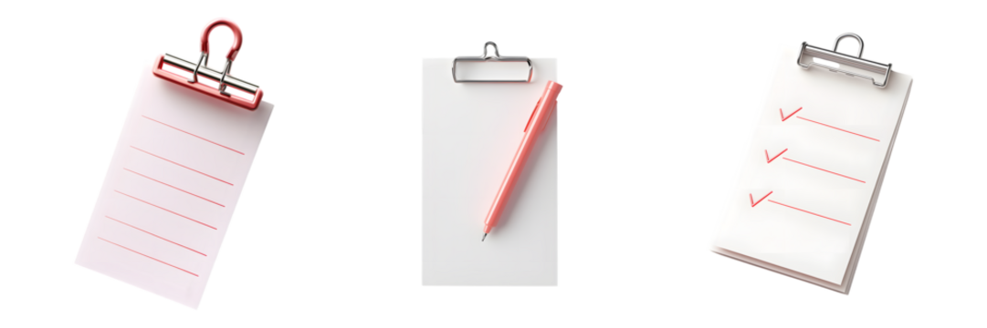 Set of 3d White paper task management todo check list isolated on transparent background, Cut out