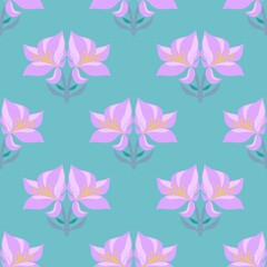 seamless floral pattern featuring stylized purple and pink blossoms with yellow stamens on a teal background. Ideal for textiles, wallpapers, or decorative designs.