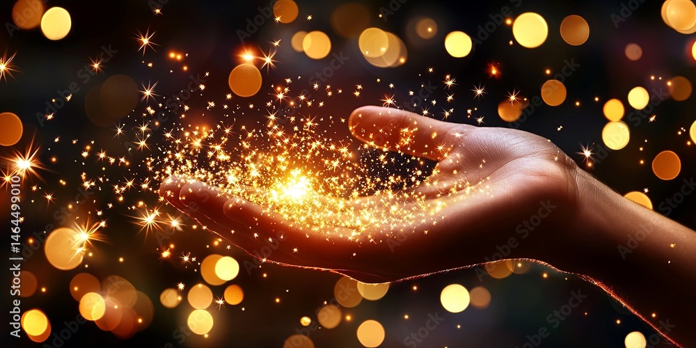 Poster shimmering stars floating above open hand in soft glowing light of magic and wonder representing dre