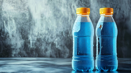 Blue and yellow sport beverage bottles on grey background with copy space for isotonic energy drink.