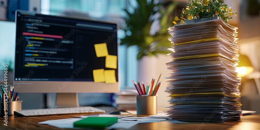 Leinwandbilder Organized Chaos in an Office Space with a Tower of Paperwork and a Computer Displaying Project Management Tools