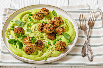 chicken broccoli meatballs with green pea hummus