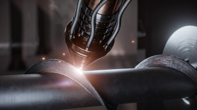 High-precision CNC 3D printing process of a large metal auger using a rotary axis. The footage shows additive manufacturing with a robotic laser head building up metal layers on a rotating part.