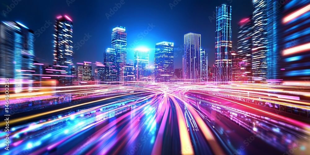 Aufkleber Abstract futuristic cityscape with vibrant neon lights and glowing skyscrapers creating a high-tech digital environment in a visual representation of urban life