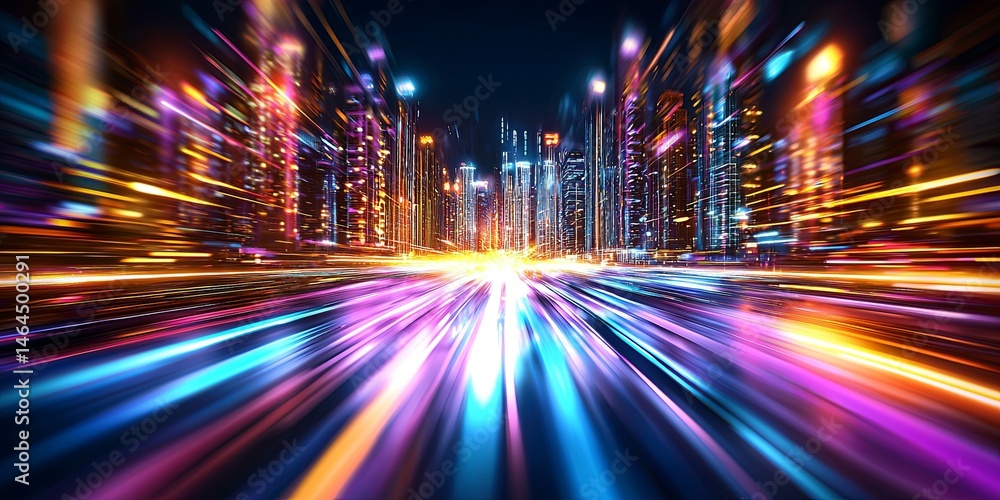 Aufkleber Abstract futuristic cityscape with vibrant neon lights and glowing skyscrapers creating a high-tech digital environment in a visual representation of urban life
