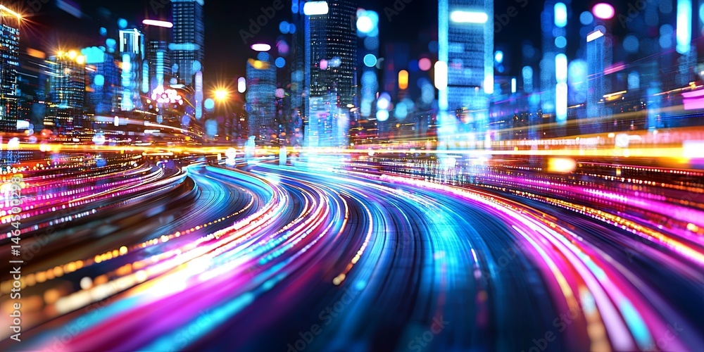 Poster abstract futuristic cityscape with vibrant neon lights and glowing skyscrapers creating a high-tech 