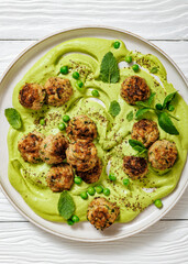 chicken broccoli meatballs with green pea hummus