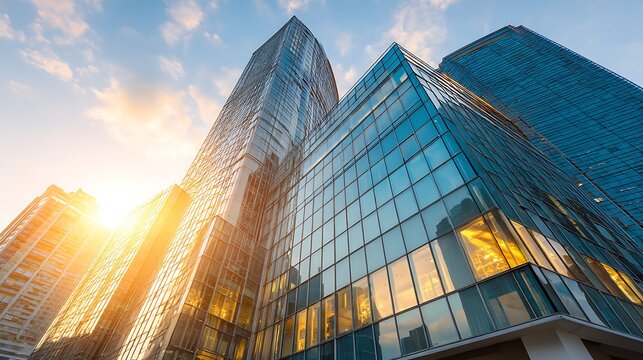 Low angle view of modern glass skyscrapers against a blue sky with a bright sun at golden hour