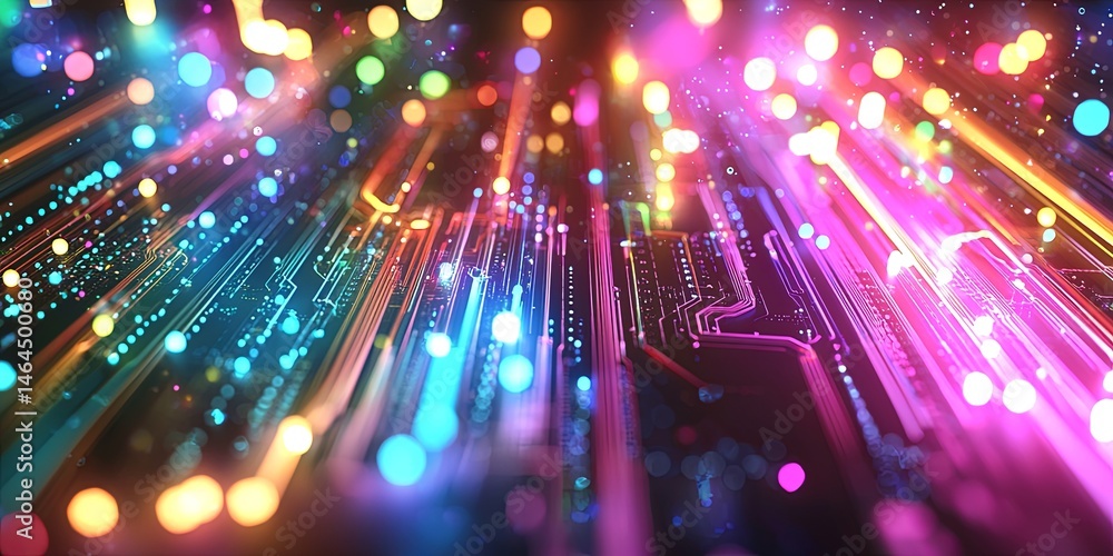 Poster Abstract colorful data visualization with glowing lines, bars, and dots representing digital growth, technology, and analytics on a dark background