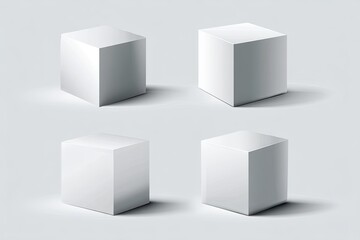 Fototapeta premium Four blank white cubes, various angles, on a light gray background. Each cube has subtle shading and a shadow, creating a 3D effect